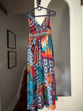 FARM Rio Multicolor Printed Maxi Dress — Blue, Teal, Orange, Red
